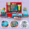 A red and blue pretend play cash register with a calculator for kids used in a shopping context.