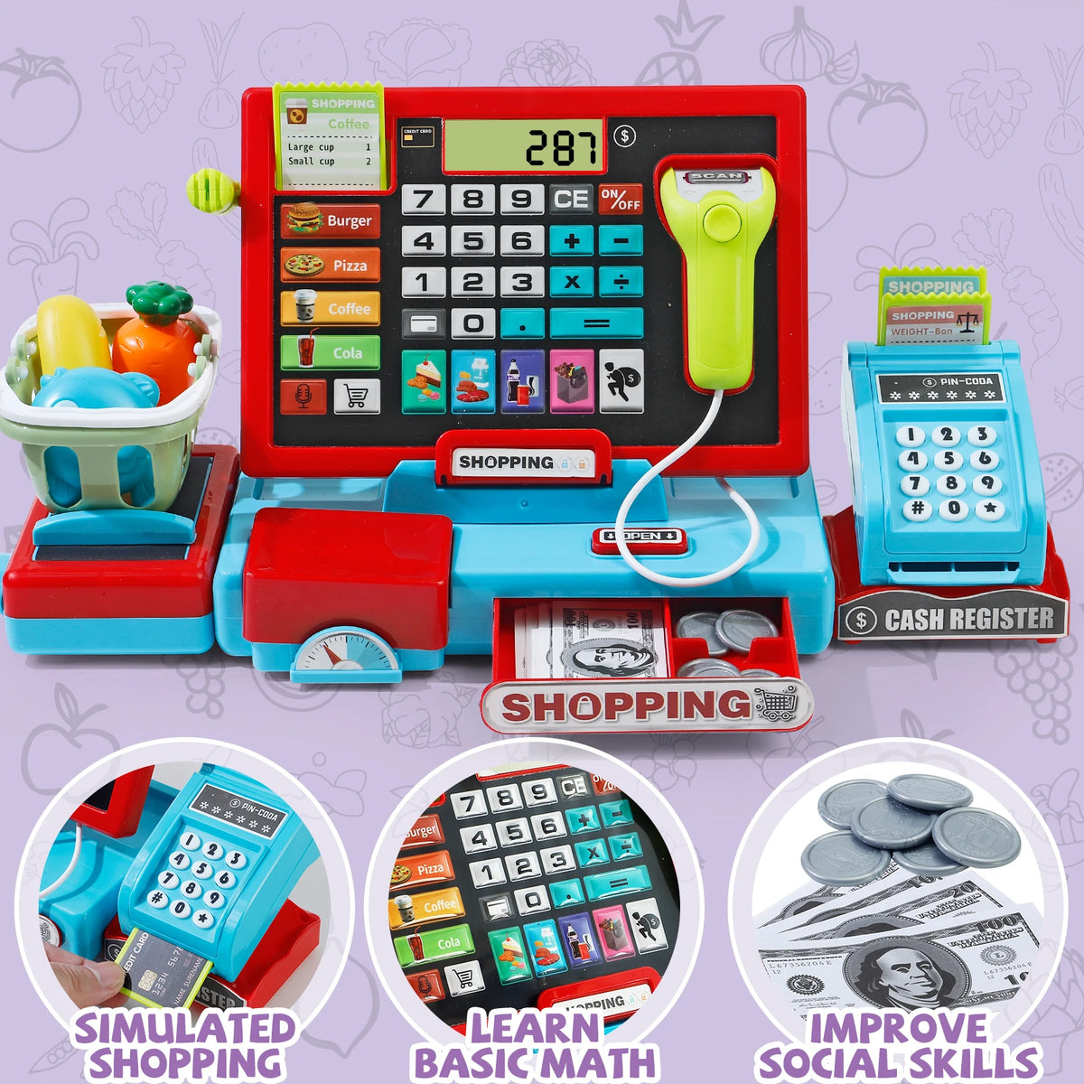 A red and blue pretend play cash register with a calculator for kids used in a shopping context.