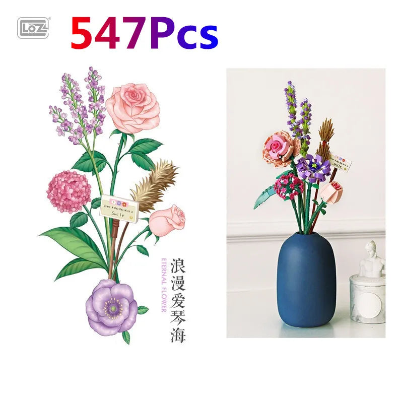 A set of 547 floral building blocks featuring pink, purple, and green flowers arranged in a bouquet.