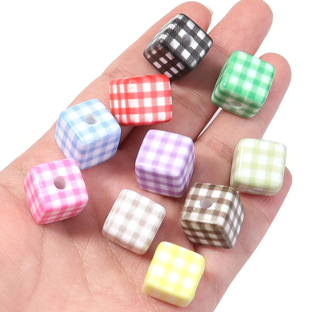 Classic Plaid Acrylic Cube Beads for Jewelry Making