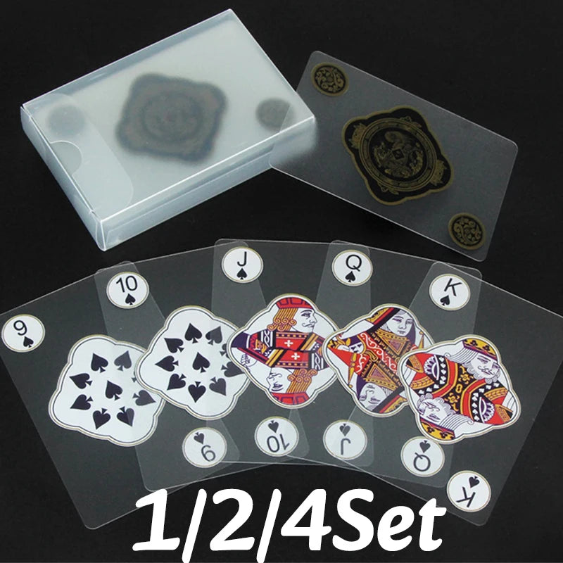 A set of waterproof transparent playing cards showing the 1/2/4 set, including a deck and a small plastic case.