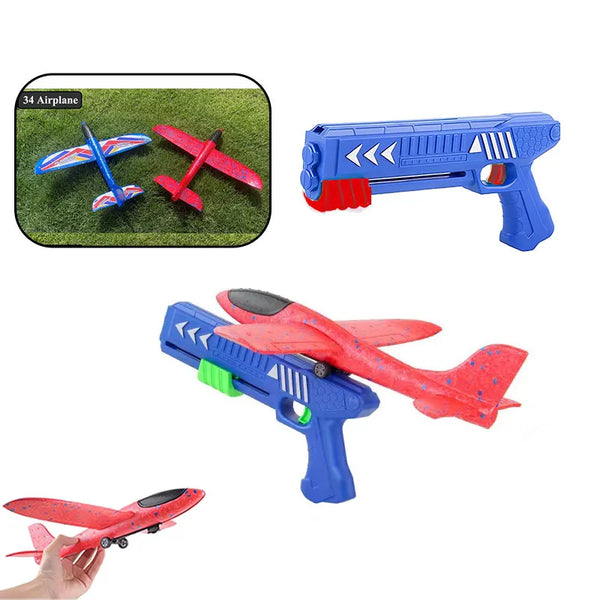 A collection of foam plane launchers, including a blue and red pistol-shaped launcher and an orange plane model.