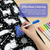 A hand colors a black cat design on a dark blanket using blue markers, demonstrating effortless coloring.