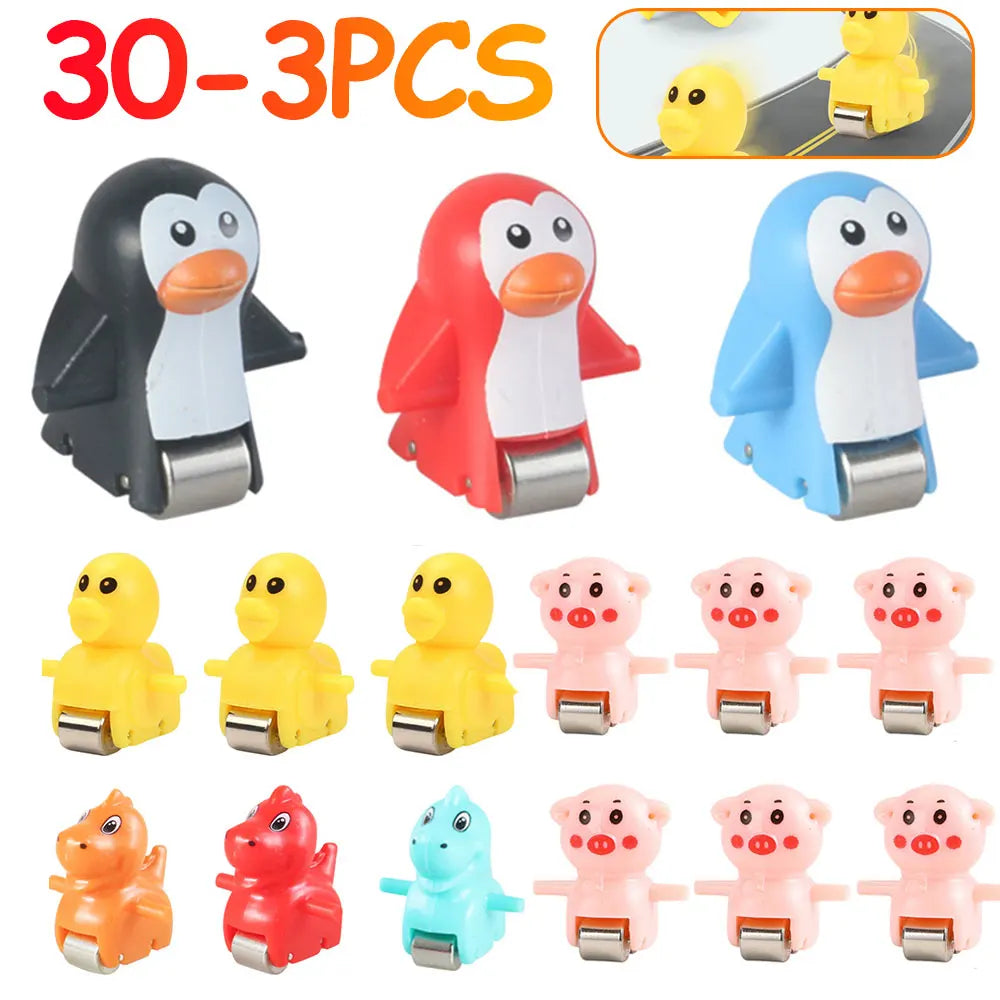 A set of 30 animal racing car climb stairs toys with an electric track slide featuring various colored animals like penguins,