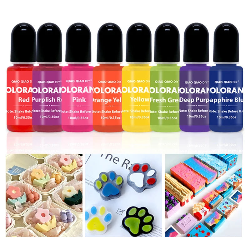 A set of 20 vibrant liquid pigments in various colors including red, purple, pink, orange, yellow, green, and blue for candle