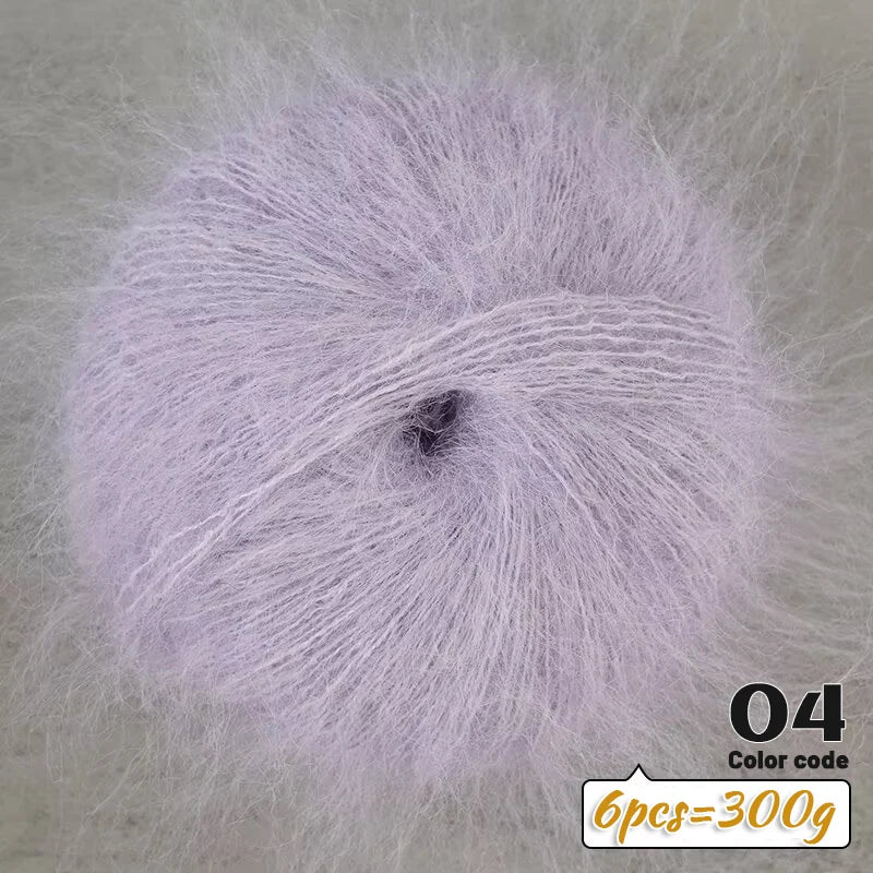 A ball of light purple long-haired alpaca blend yarn used for knitting.