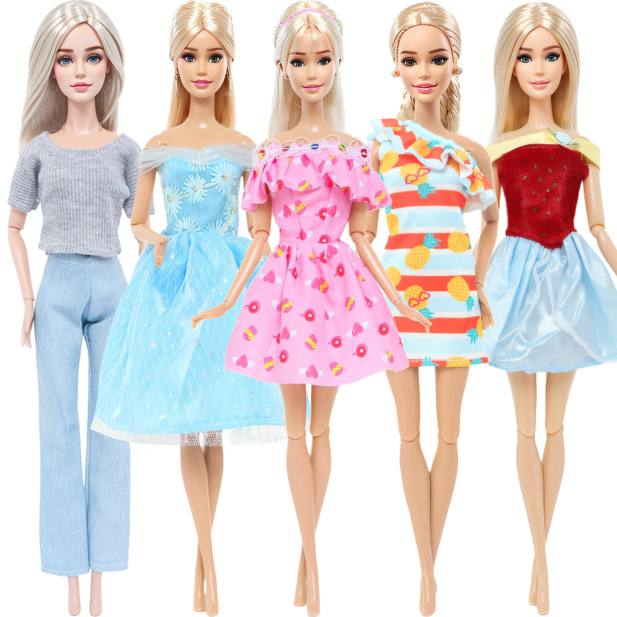 Five dolls wearing various pastel and bright casual outfits