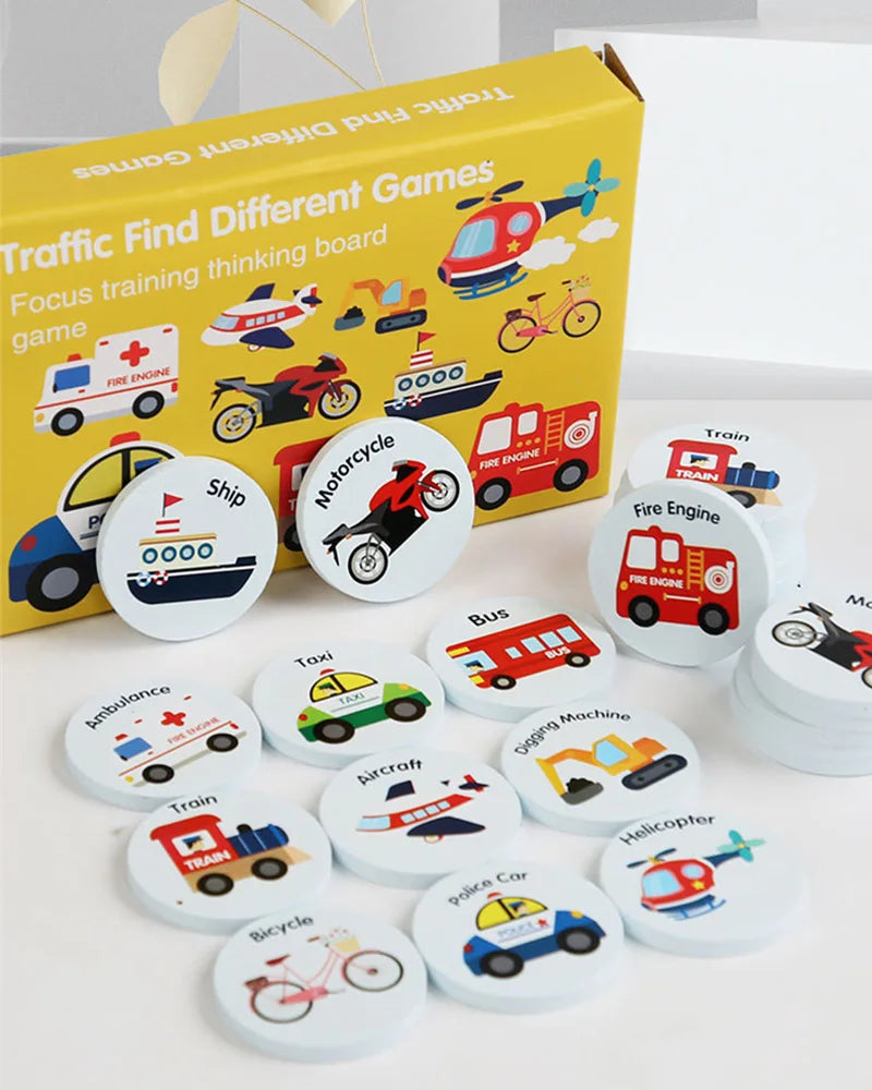 A box of traffic find different games featuring various vehicles like cars, trains, and boats for a children's memory matchin