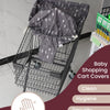 A black wire shopping cart with a gray waterproof seat cover and various benefits listed.