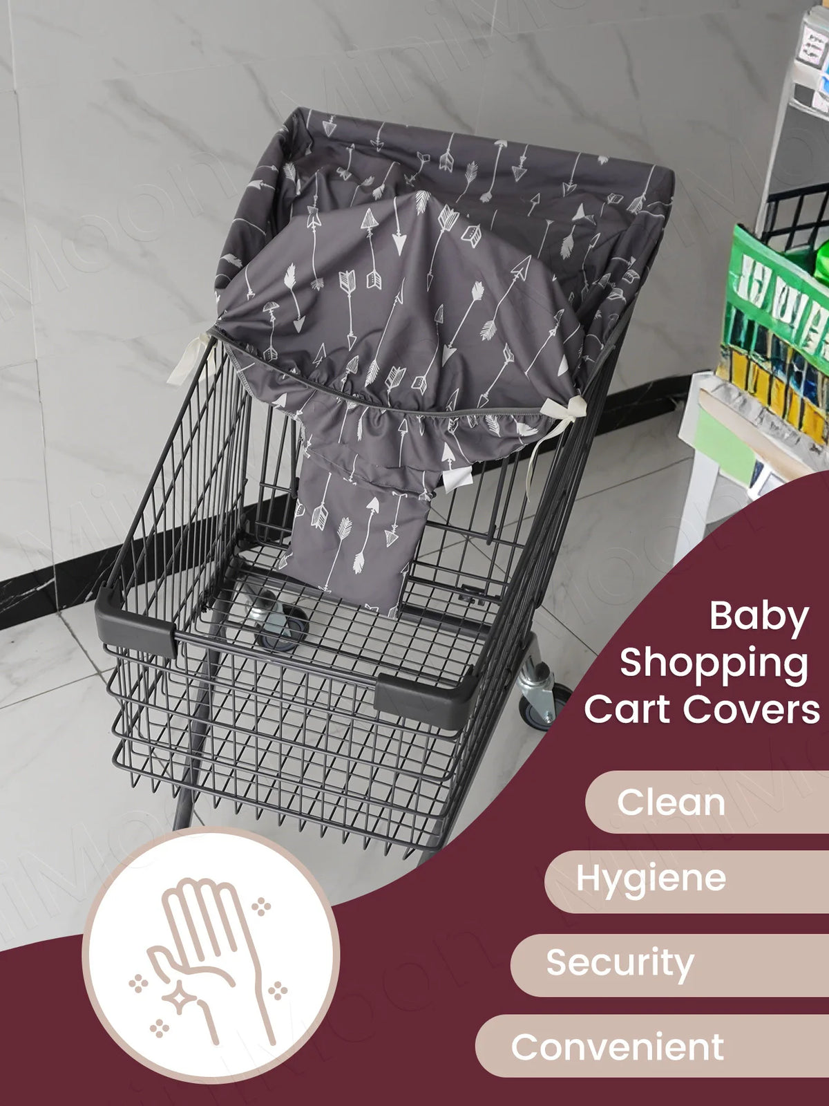 A black wire shopping cart with a gray waterproof seat cover and various benefits listed.