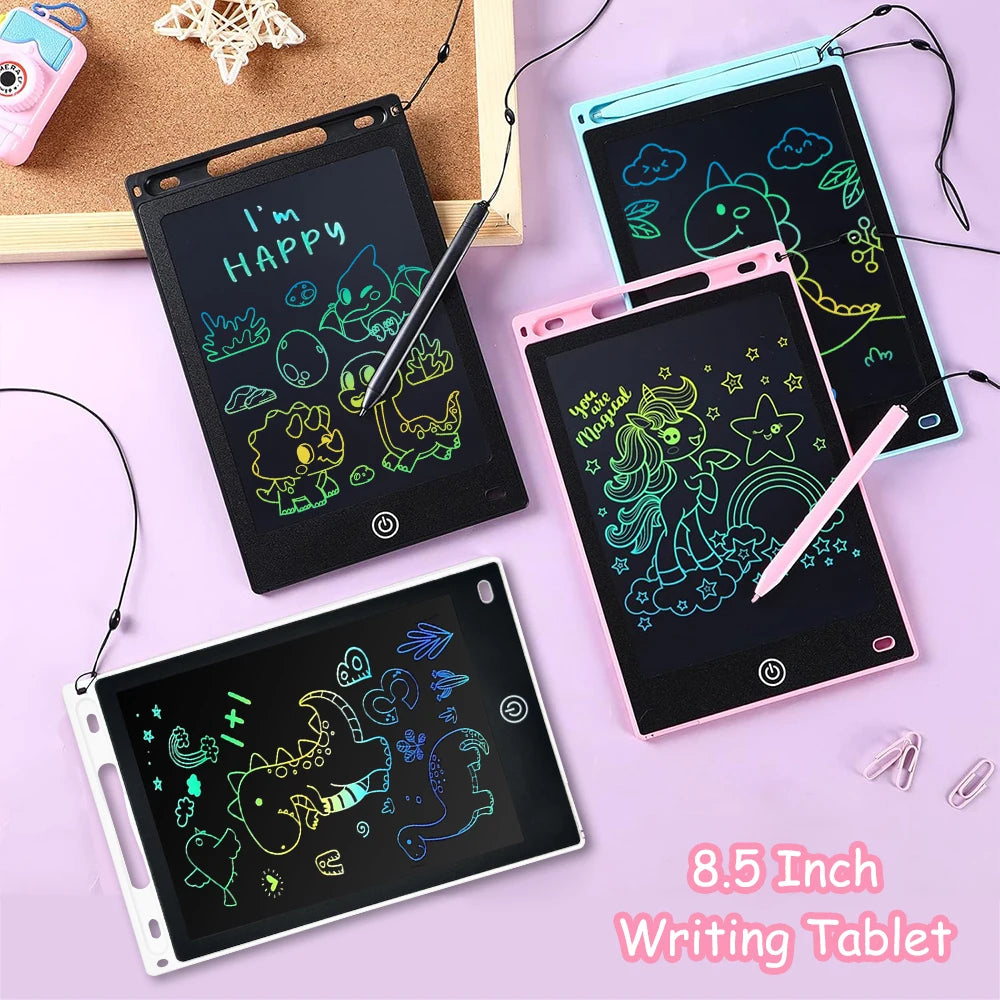 A collection of colorful LCD writing tablets and stylus pens displaying various drawings and characters on a pink background.