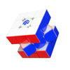 A blue and red magnetic speed cube with white tiles and a logo on the top face.