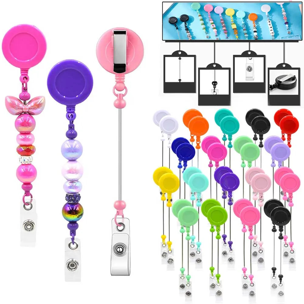 A collection of beadable badge reels with retractable clips in various colors and designs displayed on a white background.