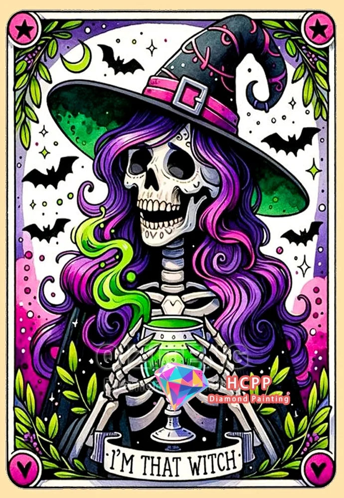 Diamond painting kit featuring a witch skull woman with purple hair and a pointed hat