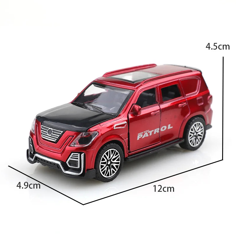 A red 1:36 scale die-cast metal SUV toy with opening doors and pull-back action.