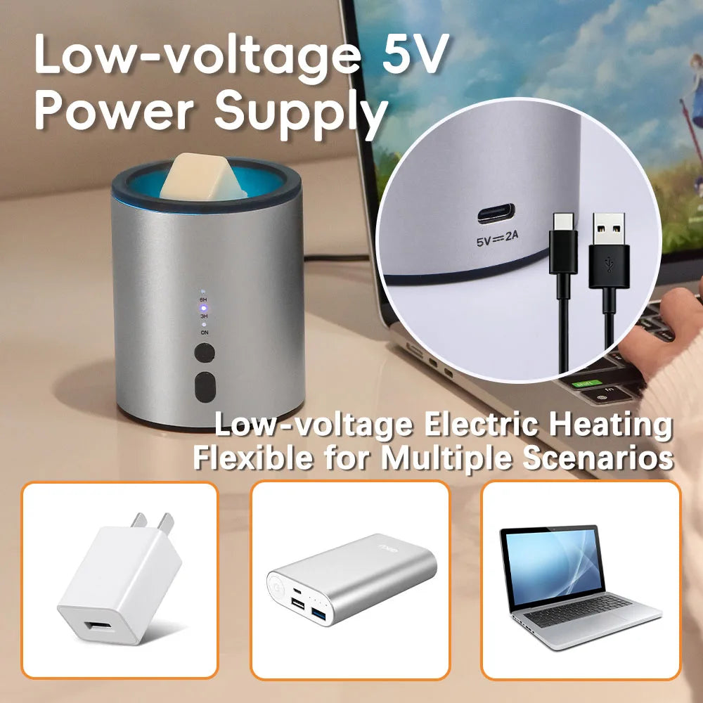 A silver electric heating device for wax melts shown next to a laptop and various power adapters.