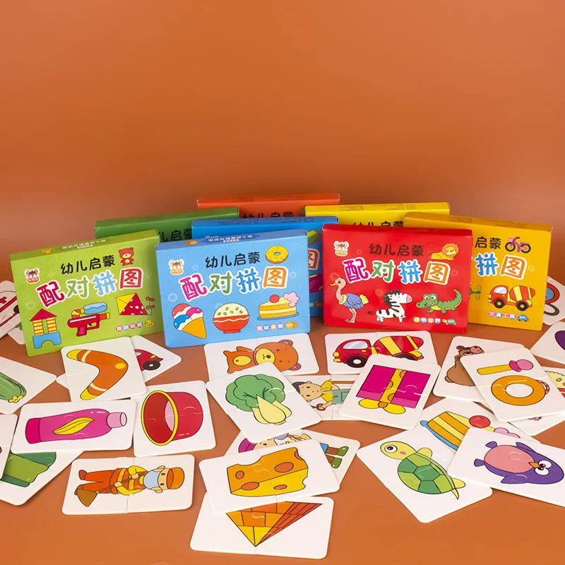 A collection of colorful animal matching cards for a kids cognitive puzzle game displayed on a wooden surface.