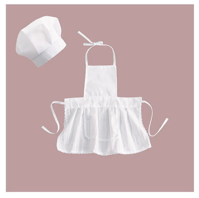 White kids chef apron and hat set for pretend play