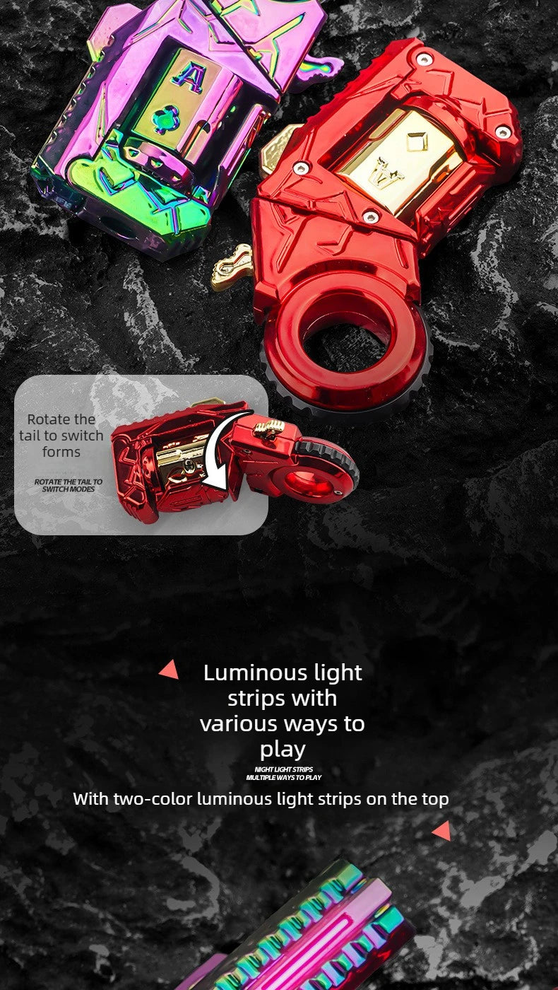A red alloy fidget toy gun with a shell ejection mechanism and spinner is shown against a dark background.