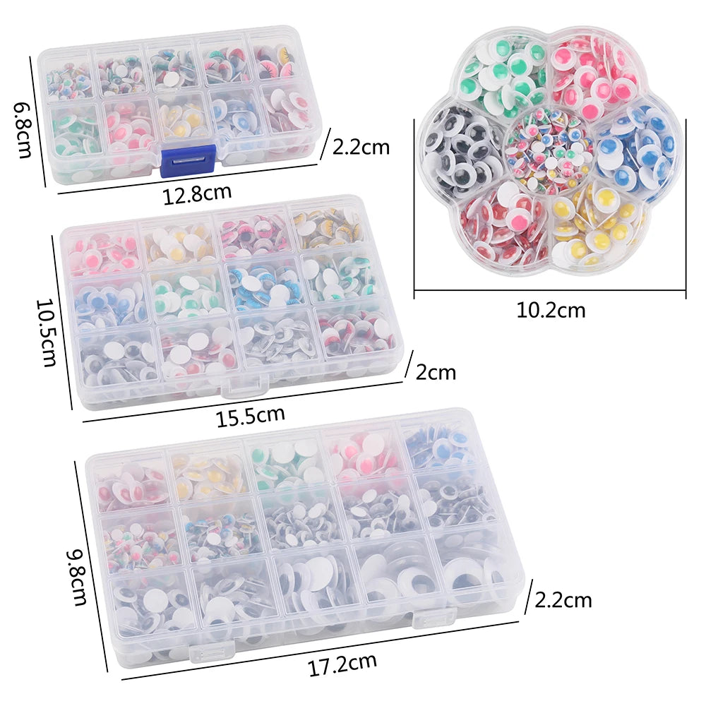 A set of self-adhesive googly eyes in various colors and shapes for DIY crafts, shown in multiple plastic storage containers.