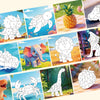 A collection of sticker art puzzles featuring various dinosaurs and animals like elephants, crocodiles, and sea creatures.