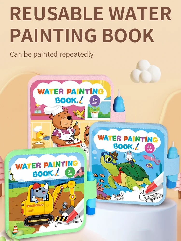 A set of reusable water painting books for kids featuring various animal characters and tools.
