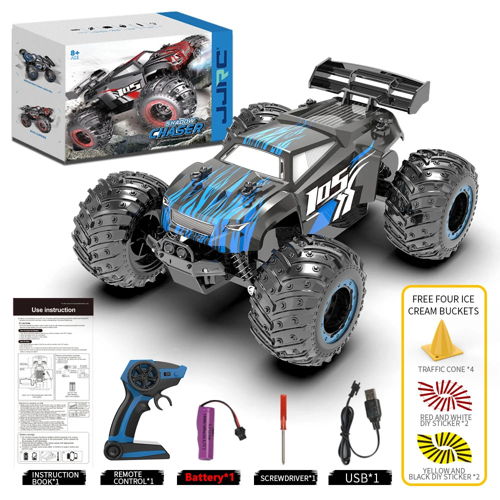 A black and blue 1:18 scale 4WD off-road RC monster truck with large tires and accessories.