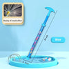 A blue water blaster toy gun is shown spraying water into a pool, with a display of the nozzle effect visible.