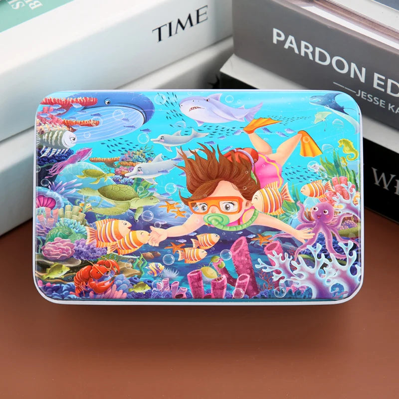 A colorful jigsaw puzzle featuring various wooden animals and vehicles for kids.