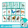 A set of 48 green flashcards featuring various wild animals and insects like elephants tigers giraffes and bees