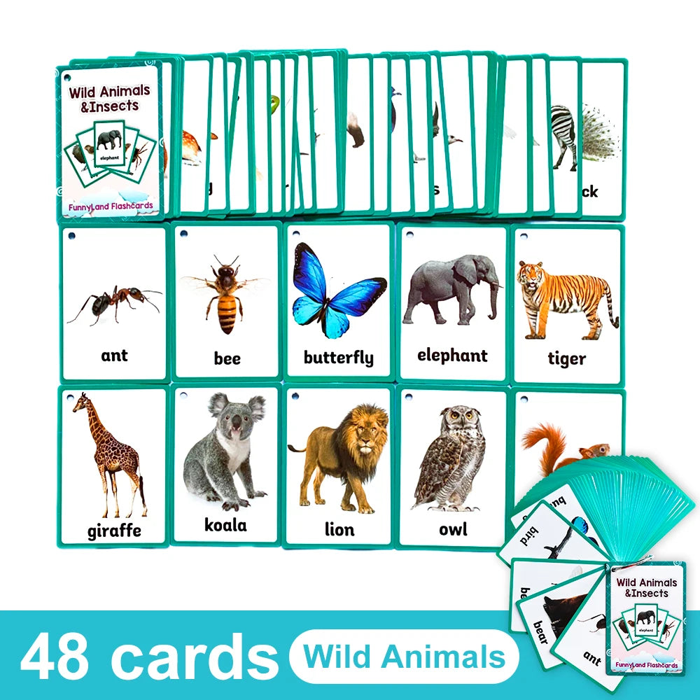 A set of 48 green flashcards featuring various wild animals and insects like elephants tigers giraffes and bees