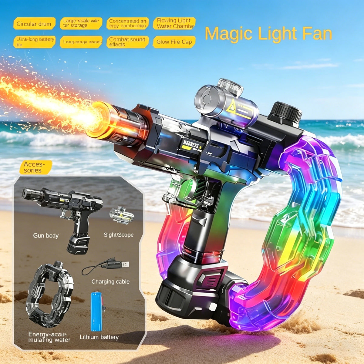 A futuristic electric water gun with a circular drum, light effects, and a glowing purple frame resting on sand.