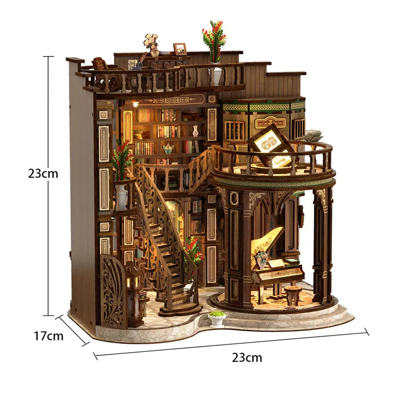 A detailed miniature vintage music room book nook kit featuring wooden architecture and LED lighting.
