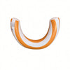 An inflatable pool float shaped like a U with orange and white stripes.