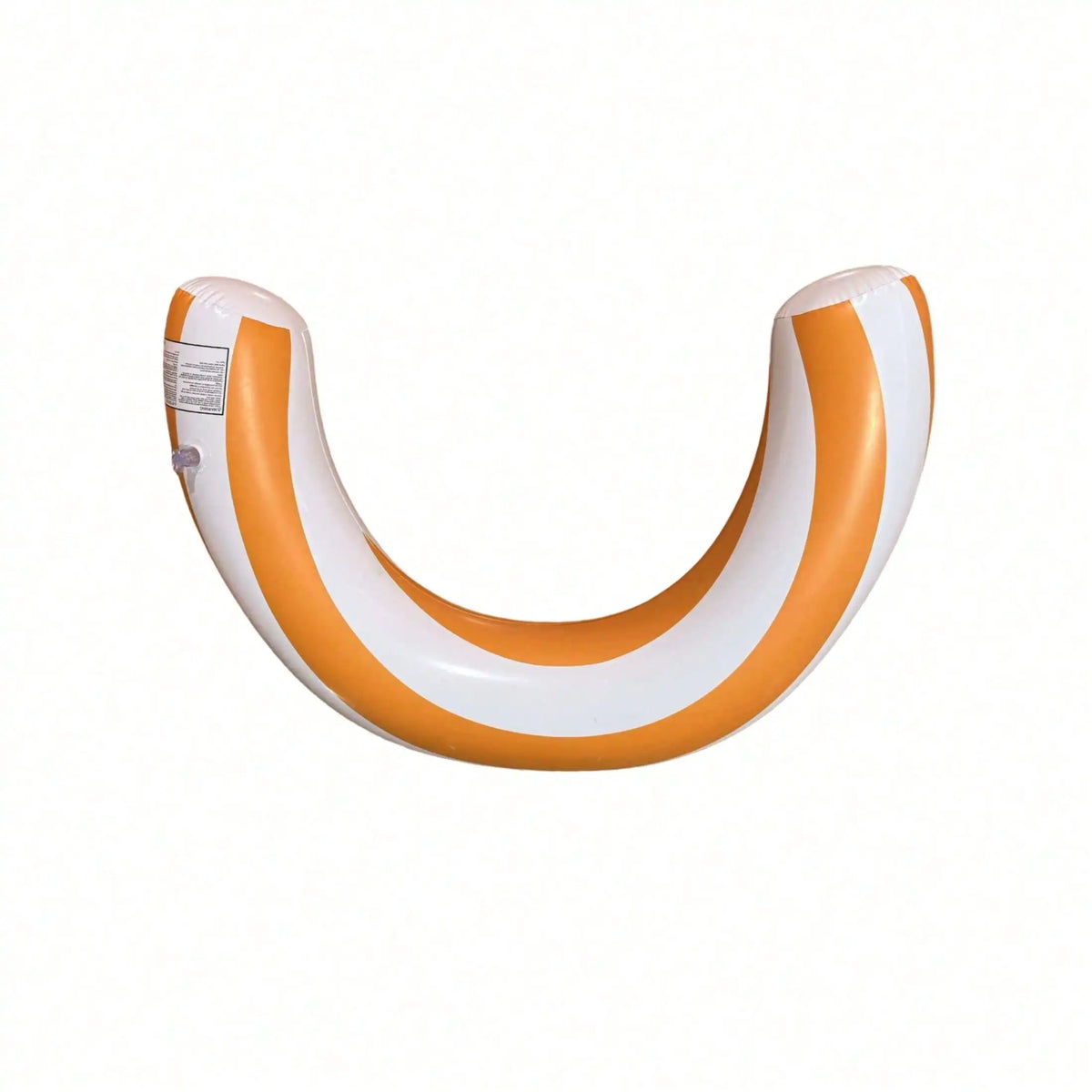 An inflatable pool float shaped like a U with orange and white stripes.