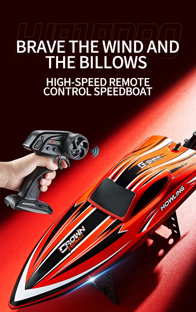An orange high-speed remote control speedboat is shown next to a hand holding the controller.