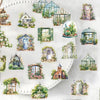 A collection of watercolor illustrations featuring various garden scenes, greenhouses, and architectural elements for pet and