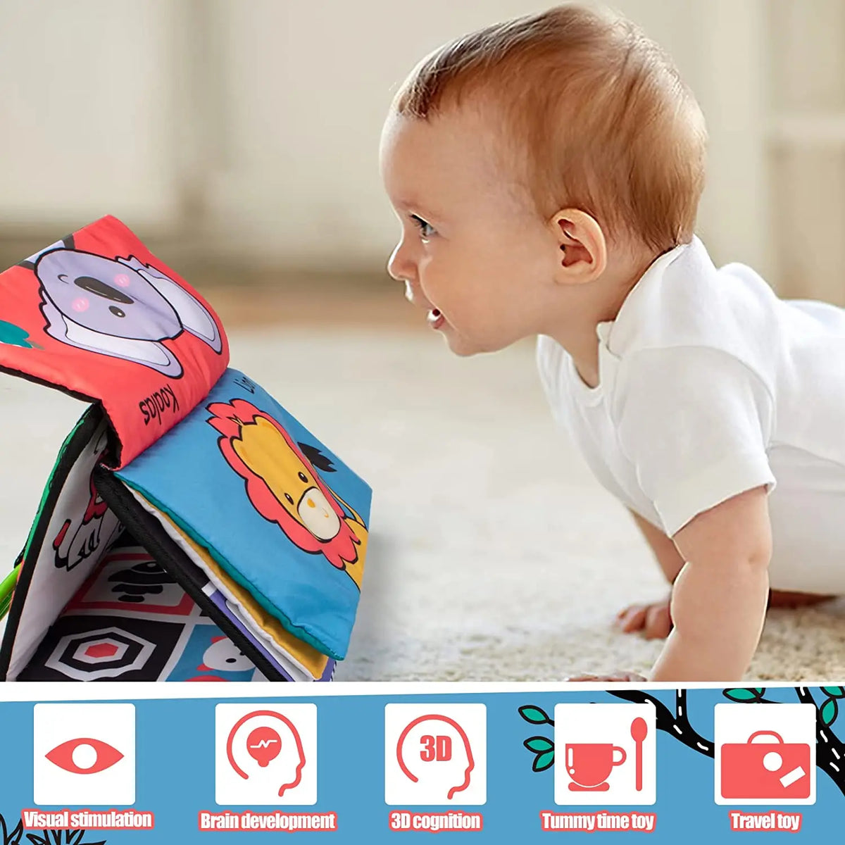 High-Contrast Tummy Time Baby Mirror with Crinkle Cloth Book and Teether