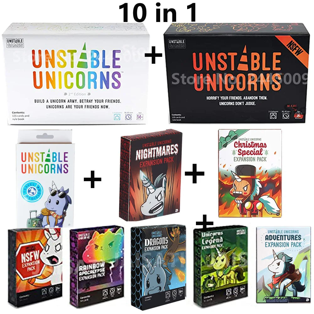 A collection of Unstable Unicorns expansion packs and a 10 in 1 set for the Unicorns card game.