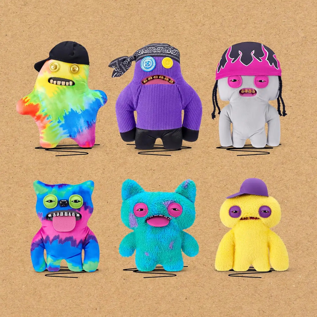 A collection of nine plush toys featuring funny ugly monster characters in various colors and styles.
