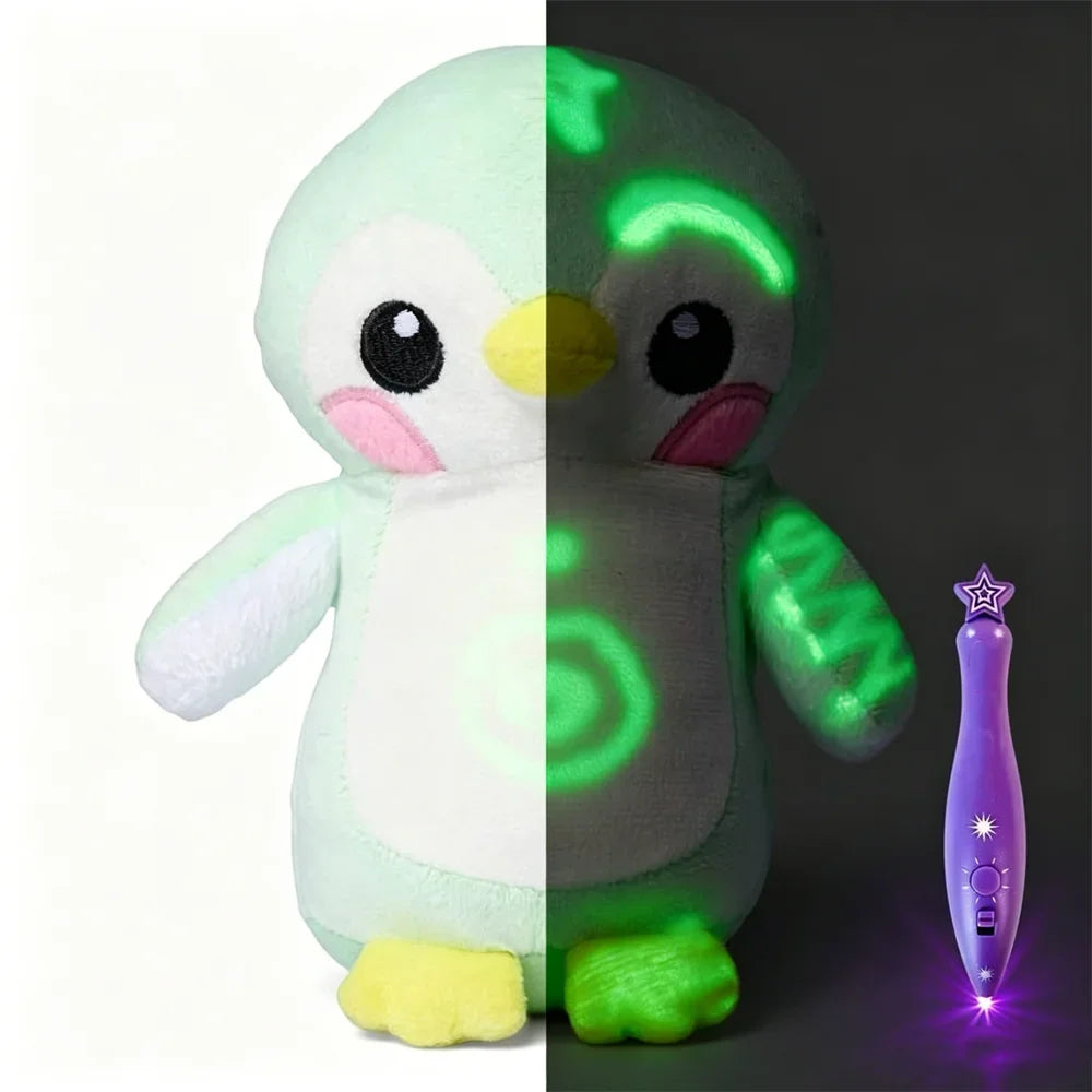 A plush penguin toy split vertically, with one half glowing green and the other white.