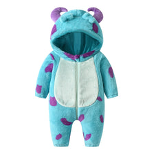 A light blue fleece hooded romper for babies with purple animal ears and scattered purple spots.