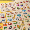 A wooden shape matching puzzle board for early learning featuring various fruits, vegetables, and animals.