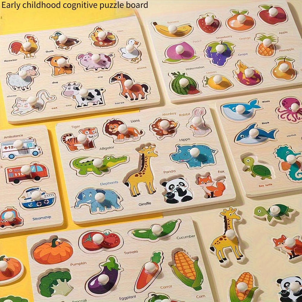 A wooden shape matching puzzle board for early learning featuring various fruits, vegetables, and animals.