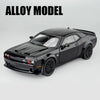 Black diecast model of a Dodge Challenger SRT Hellcat muscle car.