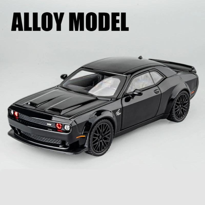 Black diecast model of a Dodge Challenger SRT Hellcat muscle car.