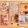 A collection of wooden 3D puzzle model kits and components for a music box, including various parts and instructions.