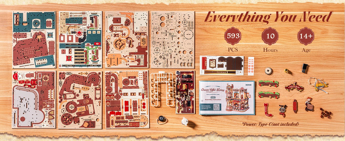 A collection of wooden 3D puzzle model kits and components for a music box, including various parts and instructions.
