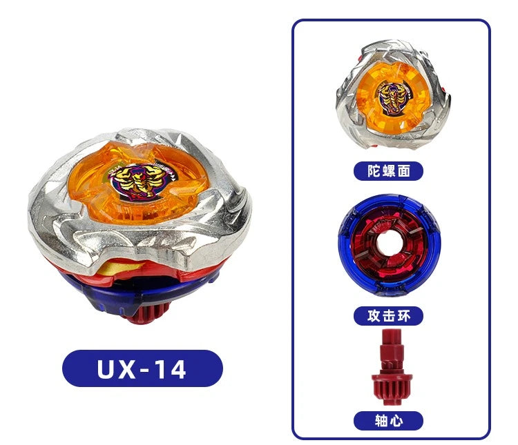 Mini Gyroscope Launcher Set featuring a silver housing, an orange top, a blue lens, and a red plunger.