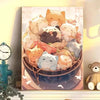 A painting kit featuring cartoon cats in various poses and colors, displayed in a wooden bucket.